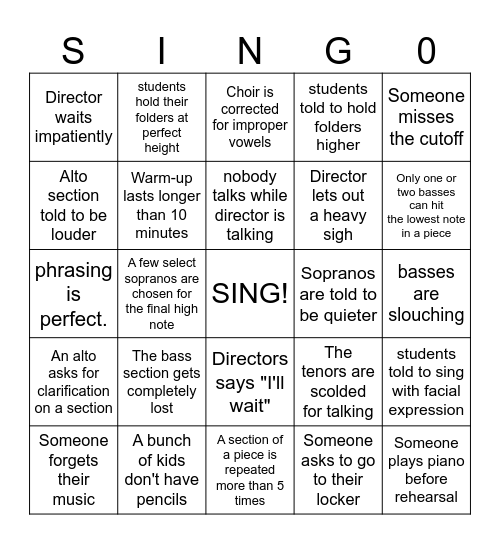 Choir Rehearsal Bingo Card