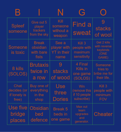Hive Bedwars Bingo Card