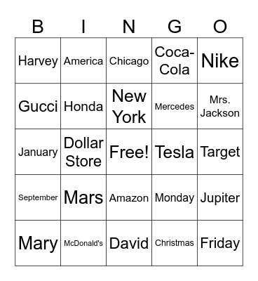 Proper Nouns Bingo Card