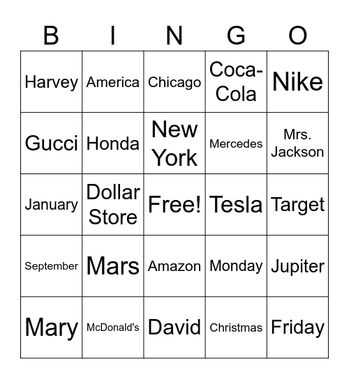 Proper Nouns Bingo Card