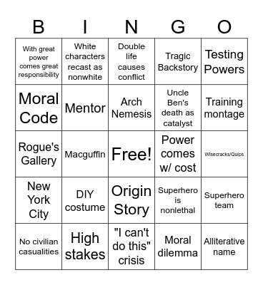 Superhero Bingo Card