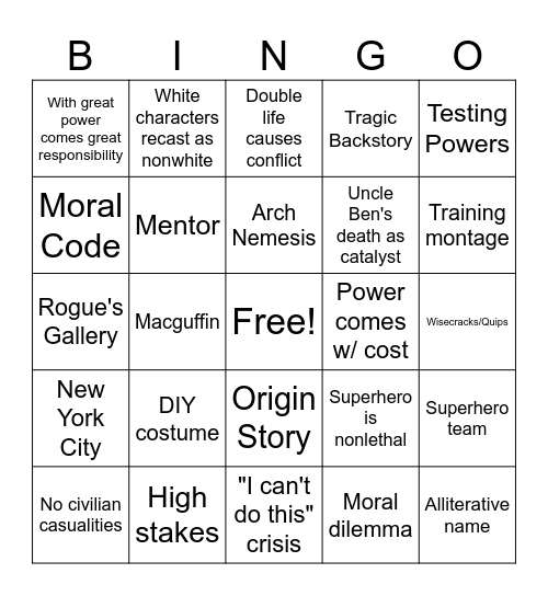Superhero Bingo Card