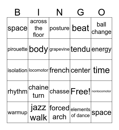 Jazz Vocabulary Bingo Card