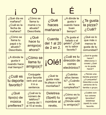 PQA - Español 1 Bingo Card