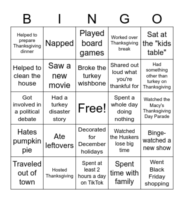 Welcome Back from Thanksgiving Bingo Card