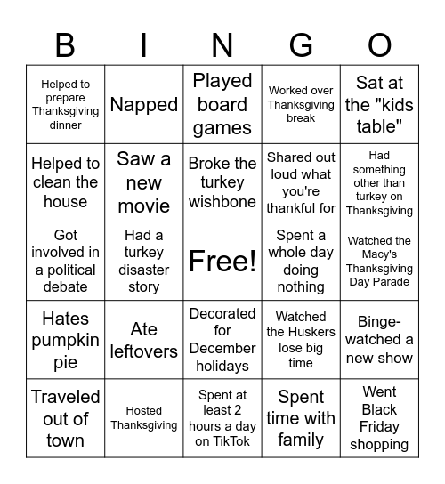 Welcome Back from Thanksgiving Bingo Card