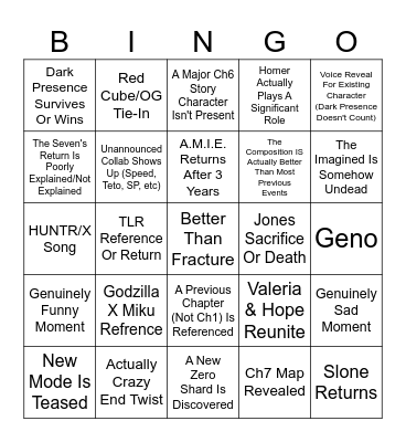 Fortnite Zero Hour Bingo Card
