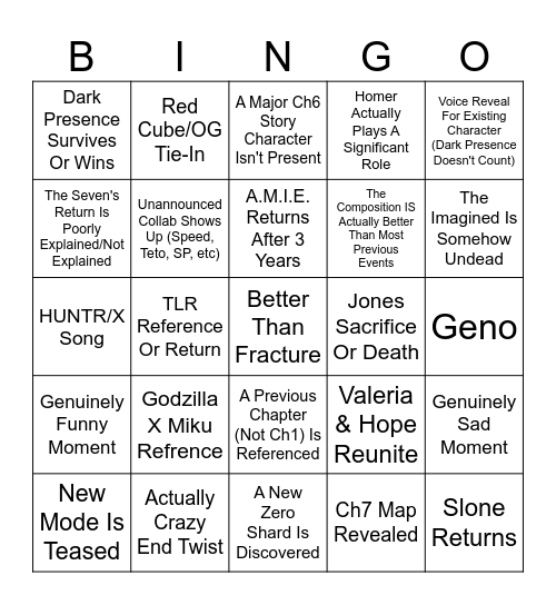 Fortnite Zero Hour Bingo Card