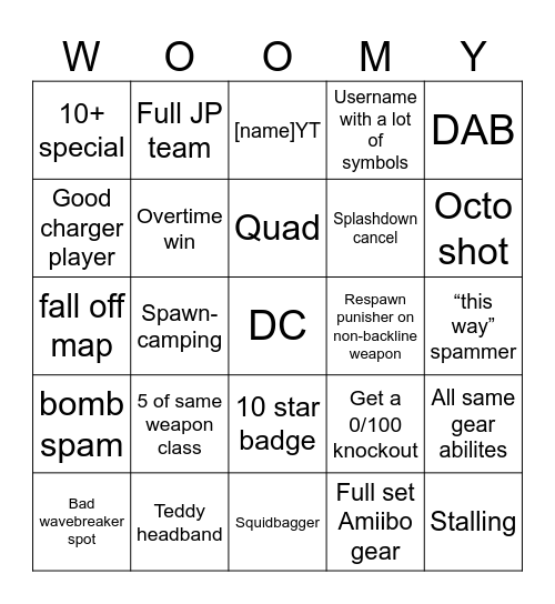 Splatoon 3 soloq bingo Card