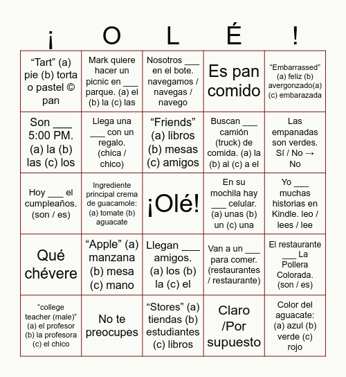 Repaso para el Examen Final - Español 1 college Bingo Card