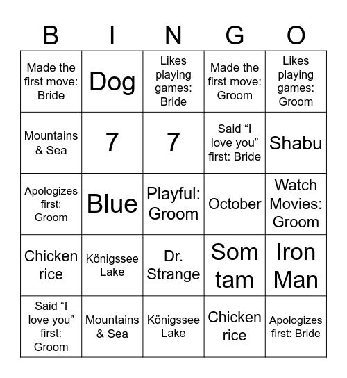 Wedding Bingo Card