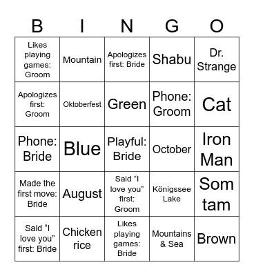 Wedding Bingo Card