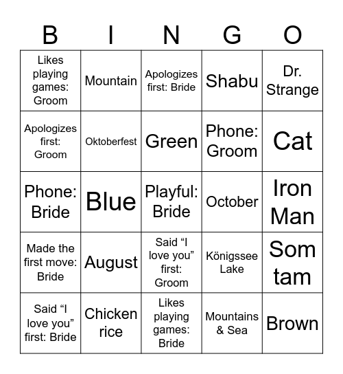 Wedding Bingo Card