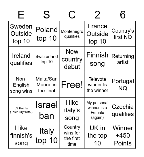 ESC2026 Bingo Card