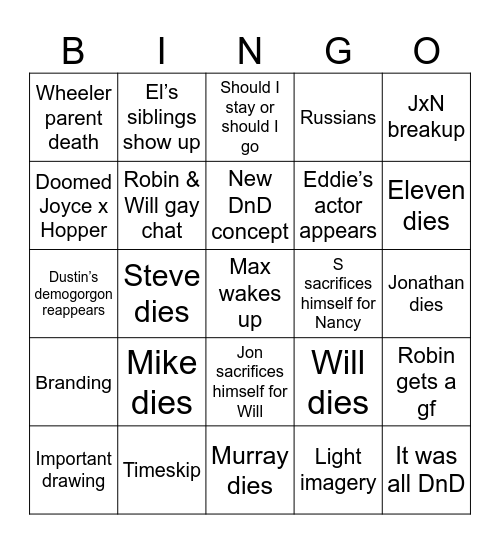 Stranger Things Season 5 Bingo Card