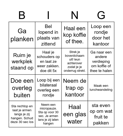 Werken  bewegen Bingo Card