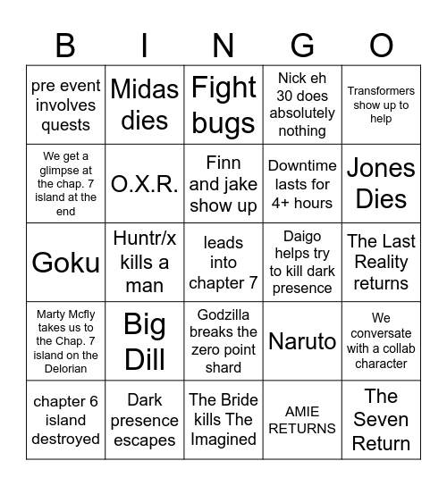 FORTNITE ZERO HOUR BINGO Card