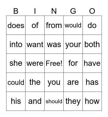 W 2.1 Sight Words Bingo Card