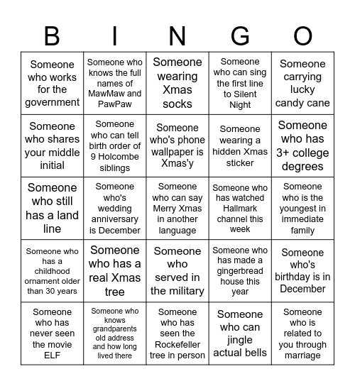 Holcombe Christmas 2025 Bingo Card