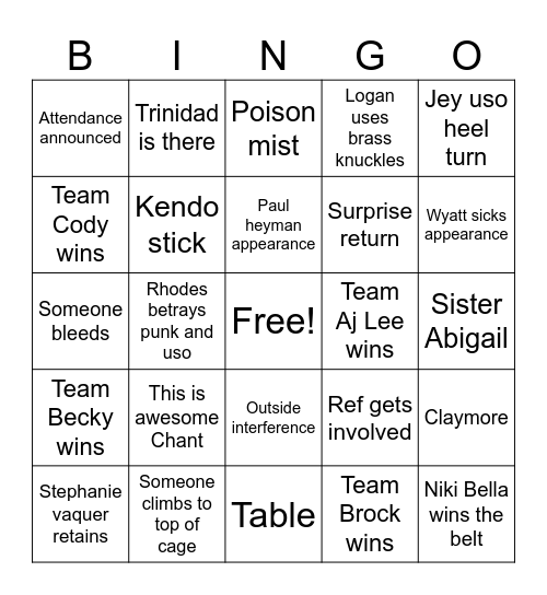 WWE WAR GAMES 2025 Bingo Card