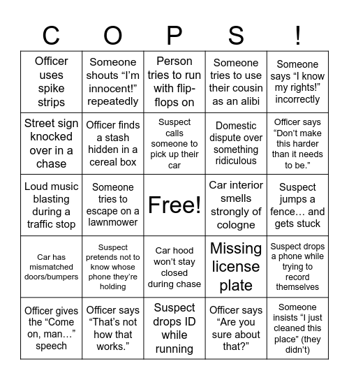 COPS! NIGHT Bingo Card