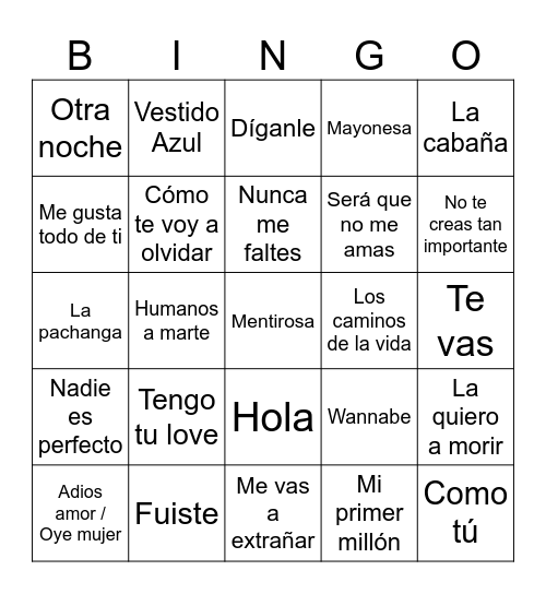 BINGO MUSICAL VARIADO Bingo Card