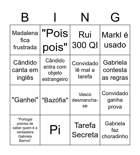 Taskmaster Bingo Card