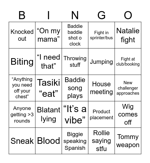 Baddies USA Bingo Card