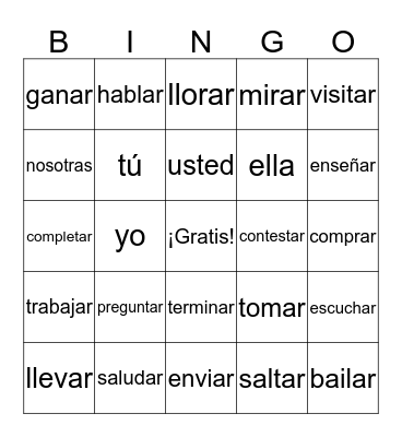 -ar Verbs Vocabulario Bingo Card