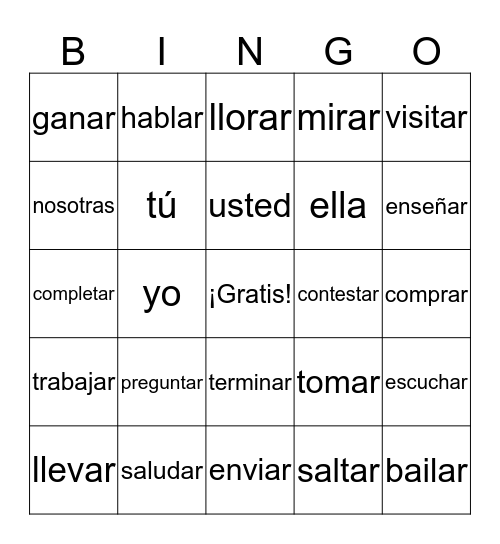 -ar Verbs Vocabulario Bingo Card