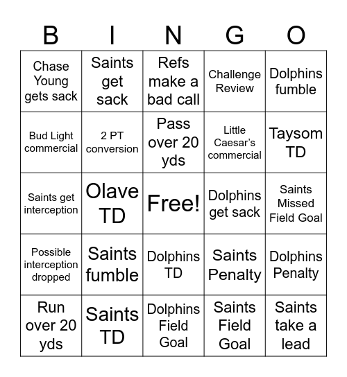 Saints Bingo Card