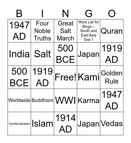 South and Southeast Asia Bingo Card