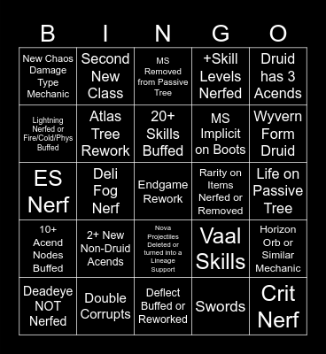 Last of the Druids Bingo Card