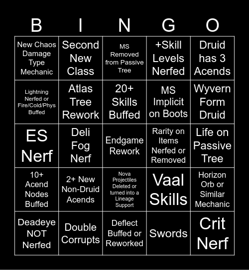 Last of the Druids Bingo Card