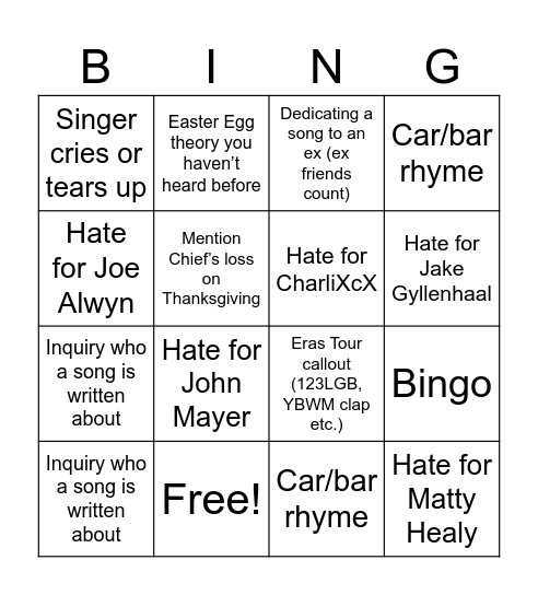 Swiftie Bingo Card