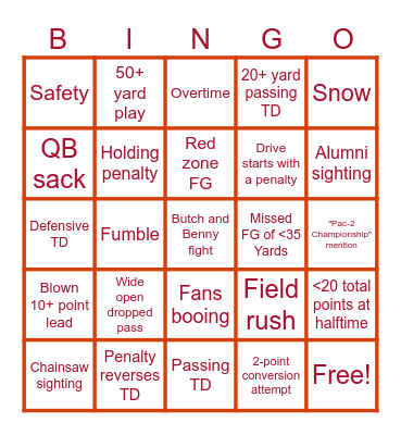College Football Rivalry Weekend Bingo Card
