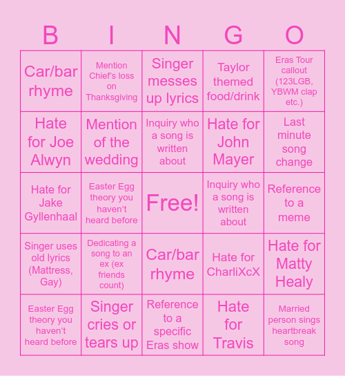 Swiftie Bingo Card