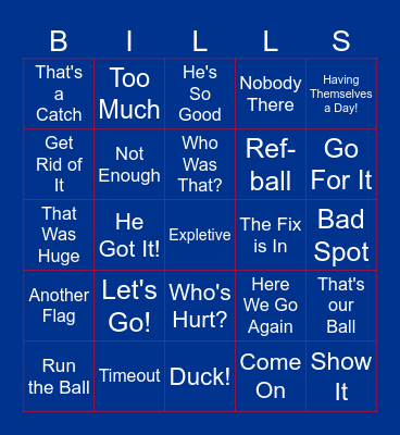 Tim vs. The Buffalo Bills: Bingo Card