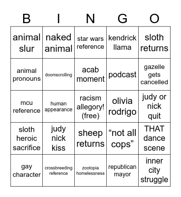 zootopia bingo Card