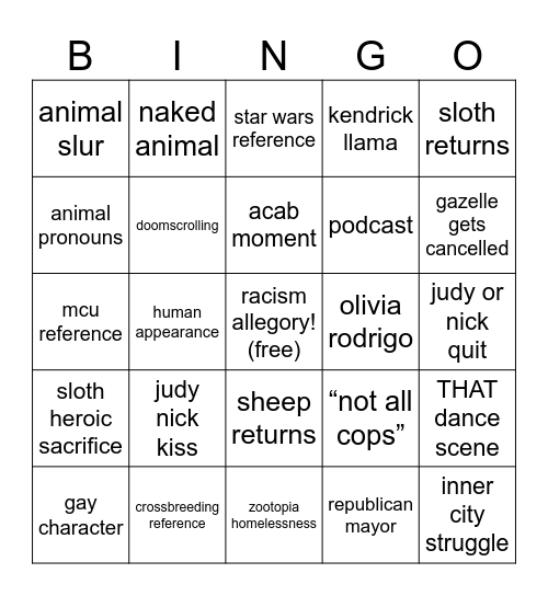 zootopia bingo Card