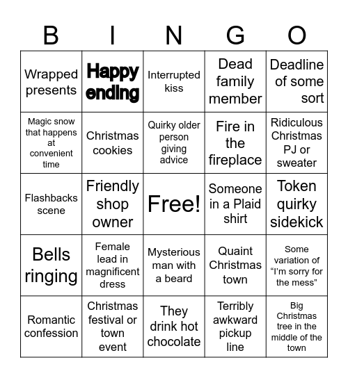 Hallmark movie Bingo Card