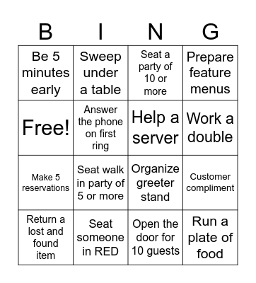 Greeter Bingo Card