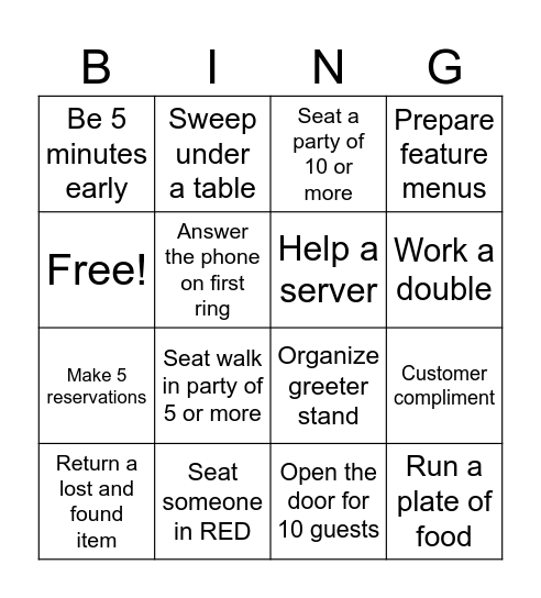 Greeter Bingo Card