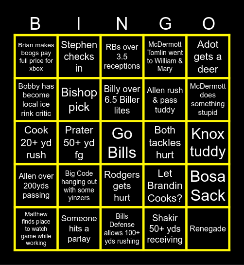 Bills Vs Steelers Bingo Card
