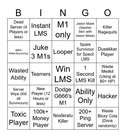 Forsaken Bingo Card