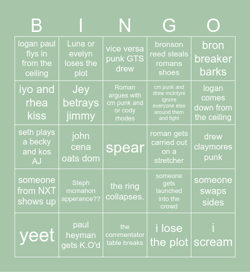 WWE WAR GAMES Bingo Card