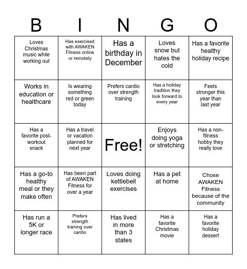 AWAKEN FITNESS Christmas BINGO Card