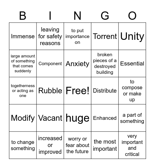 Adversity vocabulary Bingo Card