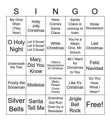 Young Life Christmas SINGO! Bingo Card