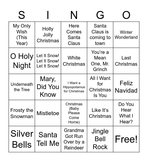 Young Life Christmas SINGO! Bingo Card